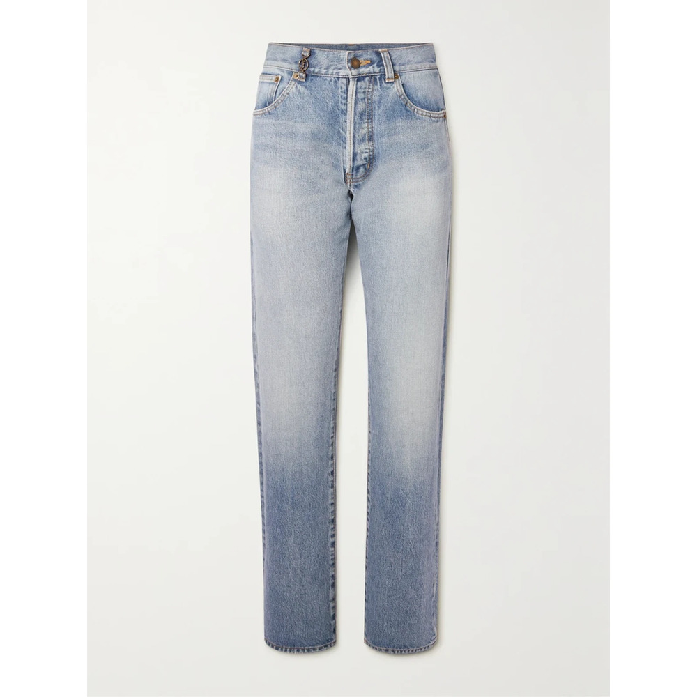 Saint Laurent 'Cassandre' Blue Embellished High-Rise Straight-Leg Denim Jeans